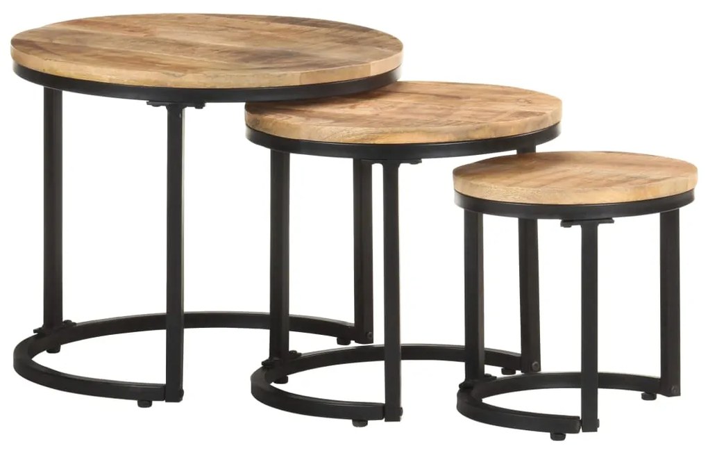 Tavolini Laterali 3 Pz İn Legno Di Mango Grezzo /