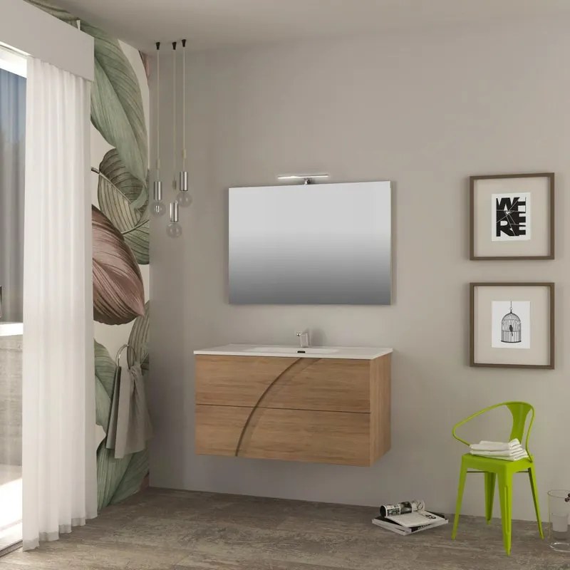 Mobile bagno sospeso Monica con lavabo in ceramica L100 x H55 x P46 cm rovere tabacco, specchio non incluso