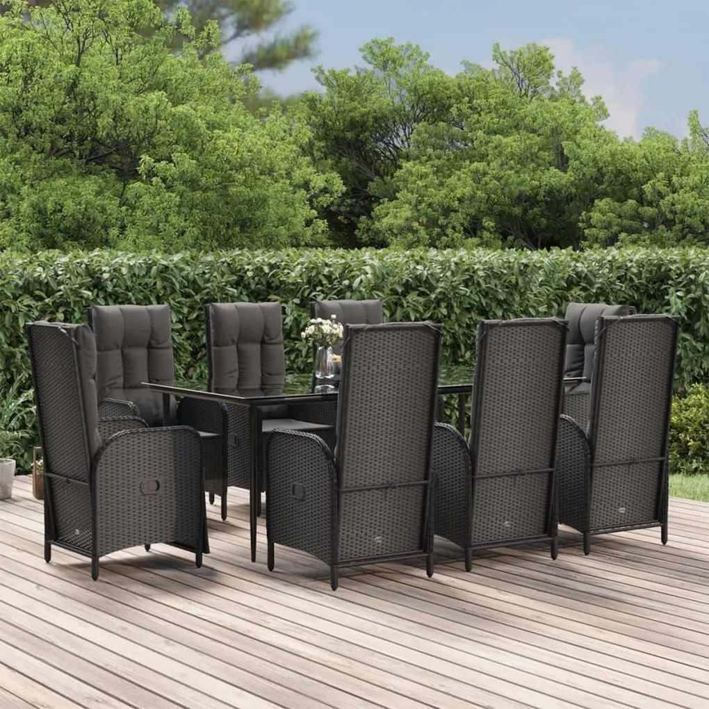 Set da pranzo da giardino 9 pz con cuscini nero in polyrattan