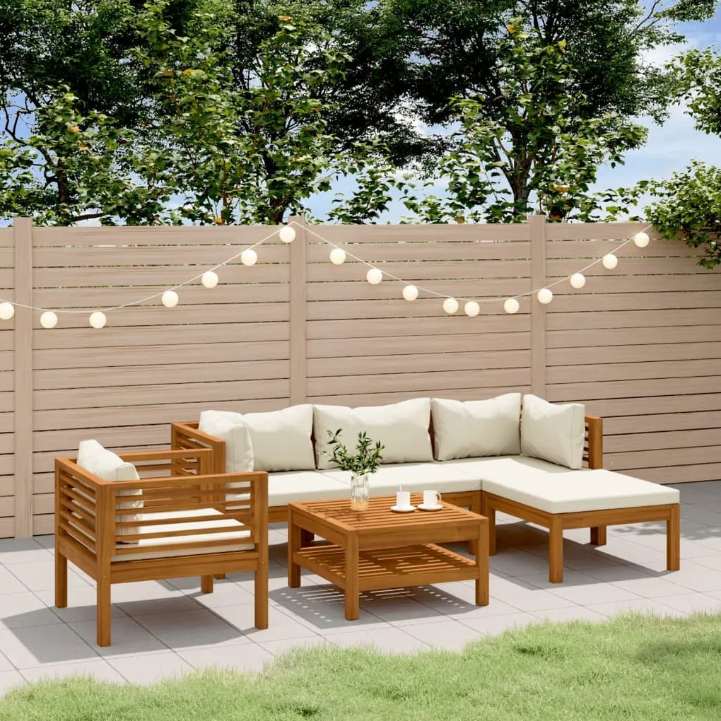 Set divani da giardino 6 pz con cuscini crema in legno acacia