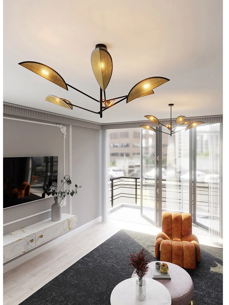 Lampadario 6 Luci Eridano In Acciao Nero E Rattan Con Bracci Mobili