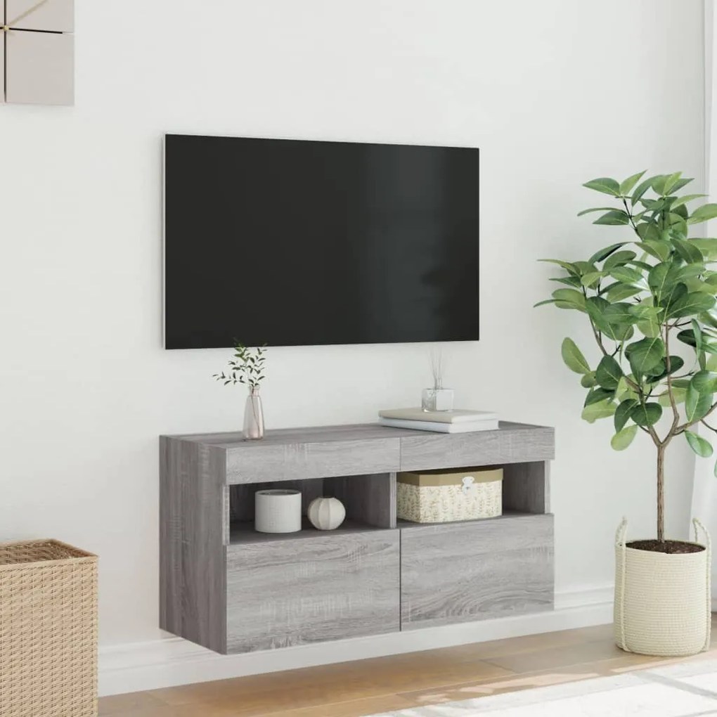 Mobile tv a parete con luci led grigio sonoma 80x30x40 cm