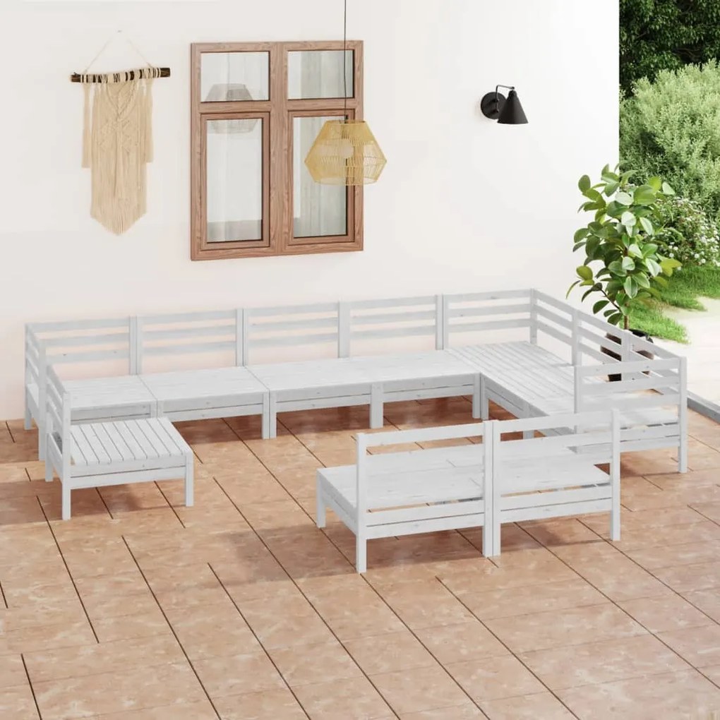 Set Salotto da Giardino 10 pz in Legno Massello di Pino Bianco