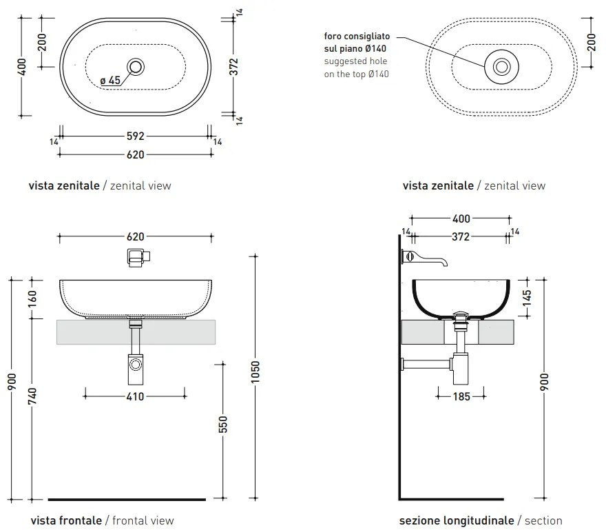 Ceramica Flaminia Pass Lavabo da appoggio cm 62x40 senza troppopieno in ceramica bianco