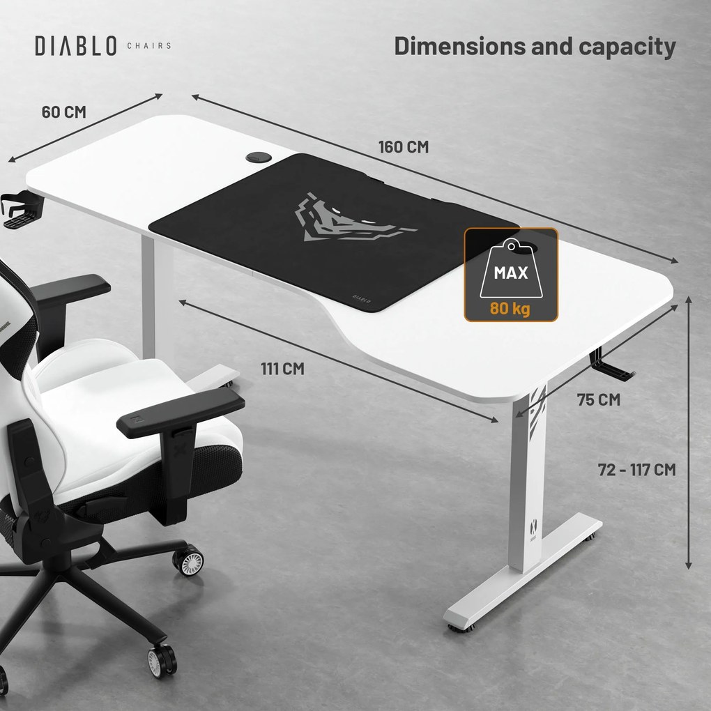 Scrivania Regolabile in Altezza Diablo X-Tensio 1600 Bianco