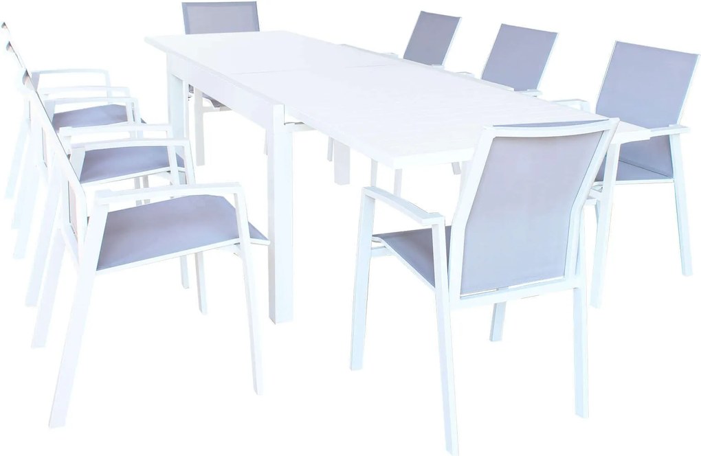 JERRI - set tavolo in alluminio cm 135/270 x 90 x 75 h con 8 poltrone Lotus