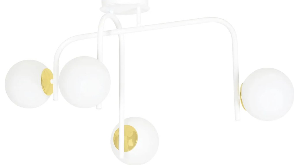 Lampadario 4 Luci Kalf In Acciaio Bianco A Bracci E Sfere In Vetro Opalino E Oro