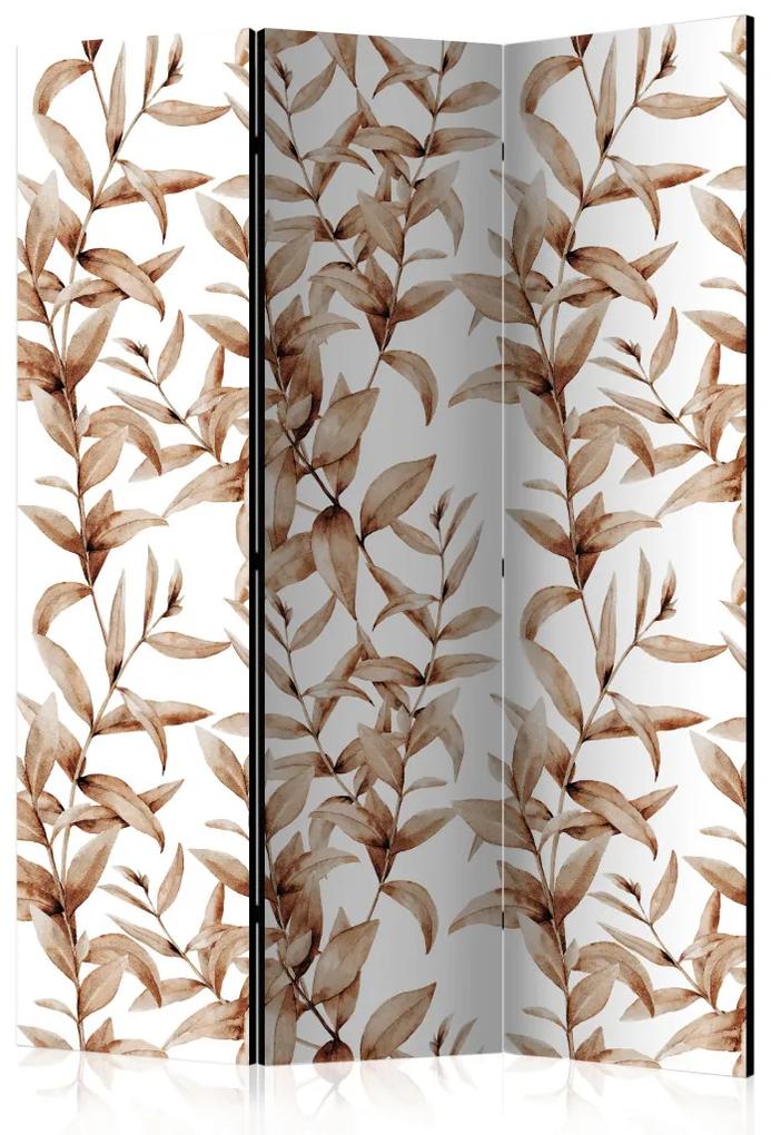 Paravento design Sepia vegetale - foglie marroni su sfondo bianco