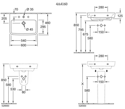Villeroy & Boch 4A416001 - Lavabo sospeso O.NOVO 60x46 cm, ceramica/bianco