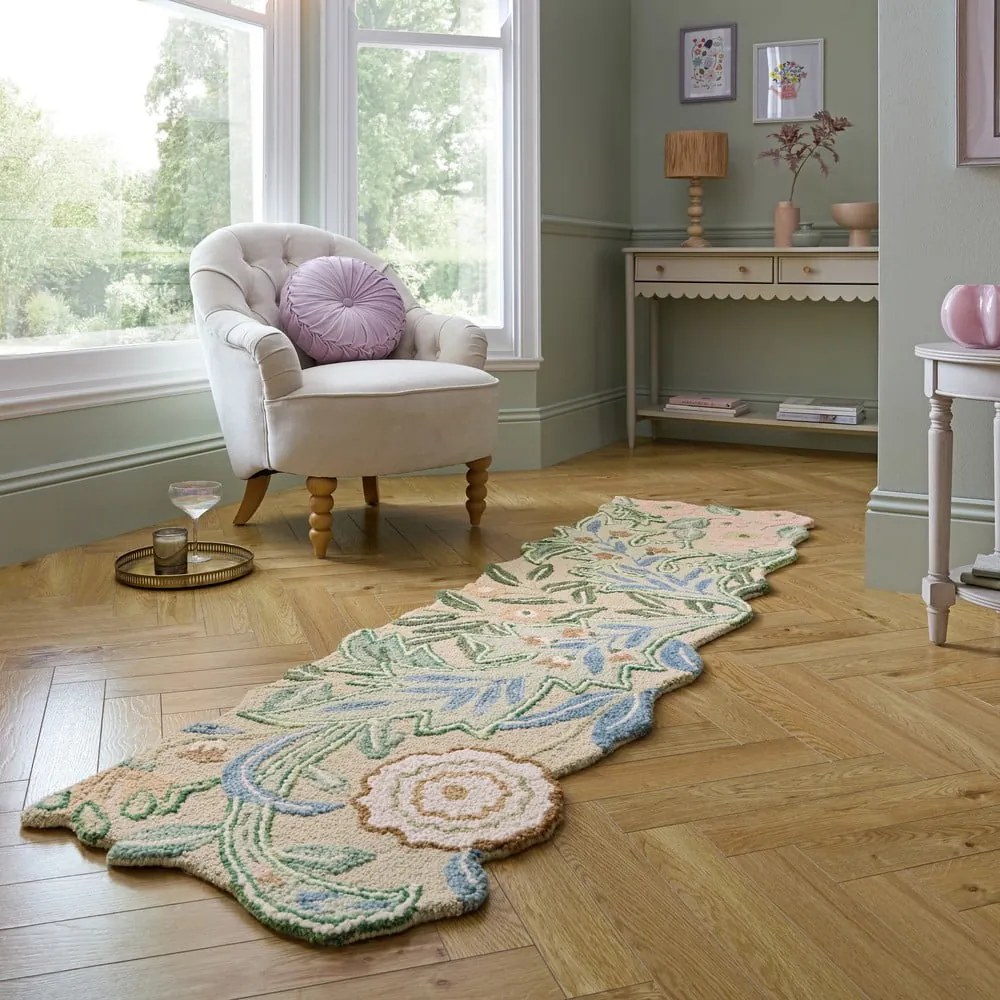 Passatoia verde in lana tessuta a mano 60x230 cm Bryony Shaped Floral - Flair Rugs