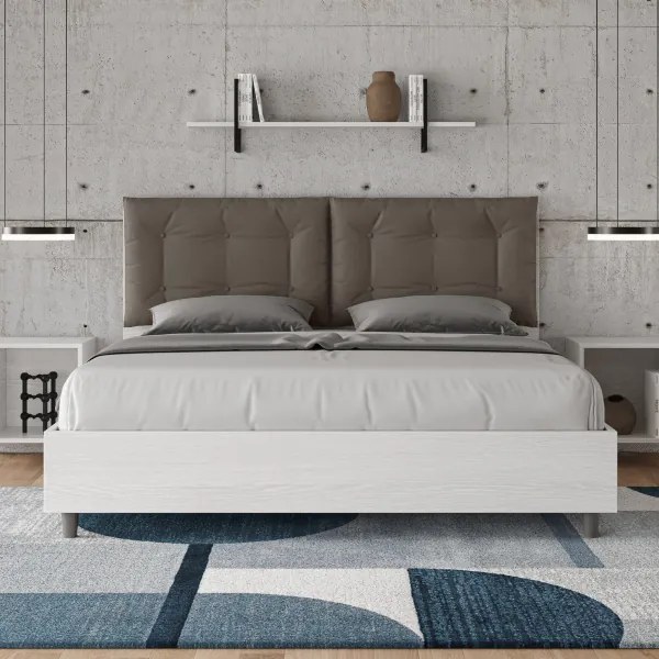 Letto matrimoniale senza rete 160x190 bianco frassino cuscini similpelle cappuccino Egos Annalisa
