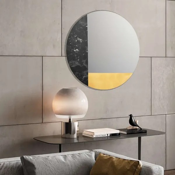 Specchio rotondo 80 cm marmo laminato nero e foglia oro - THOMAS