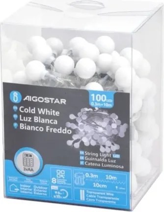 Aigostar - Catena luminosa LED per esterni 100xLED/3xAA/8 funzioni 10,3 m IP44 bianco freddo