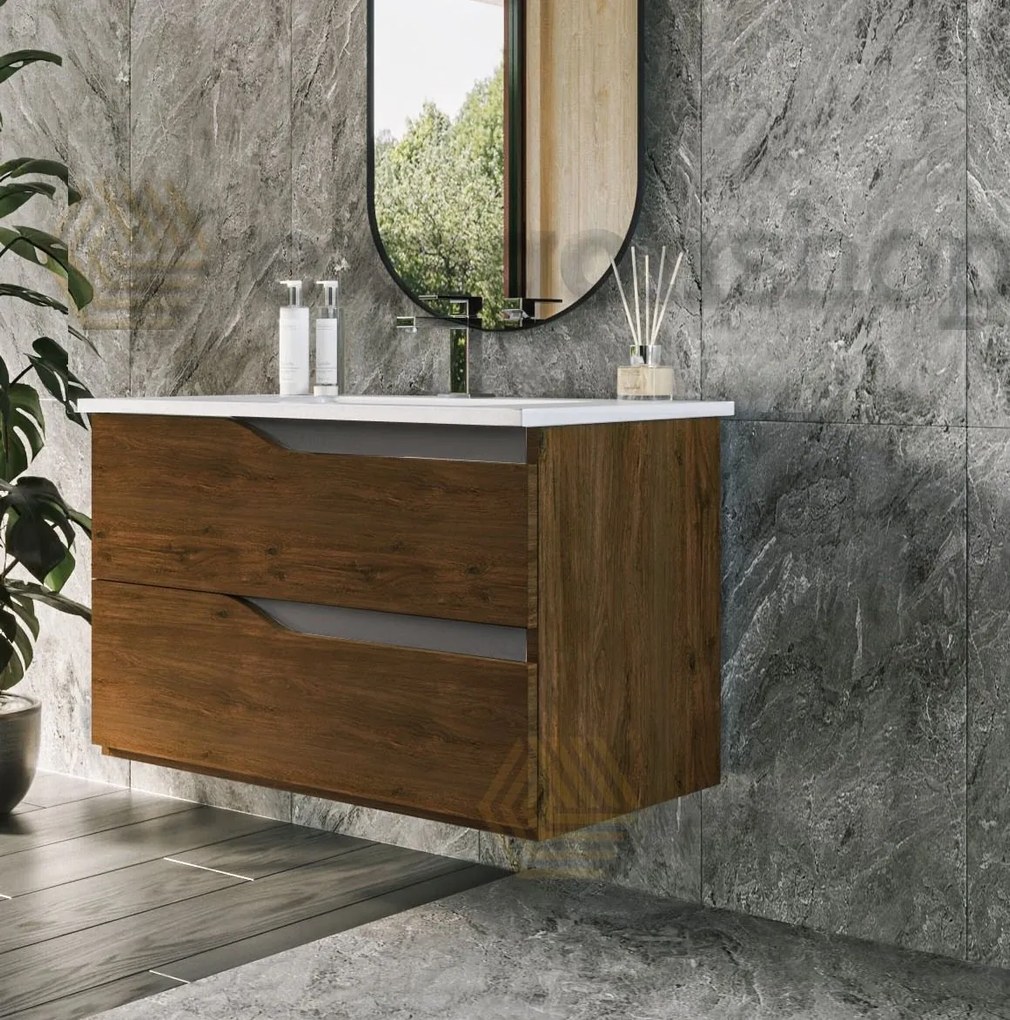 Mobile bagno noce tortora opaco 80x46 Gaia due cassetti con lavabo ad incasso e maniglie sagomate