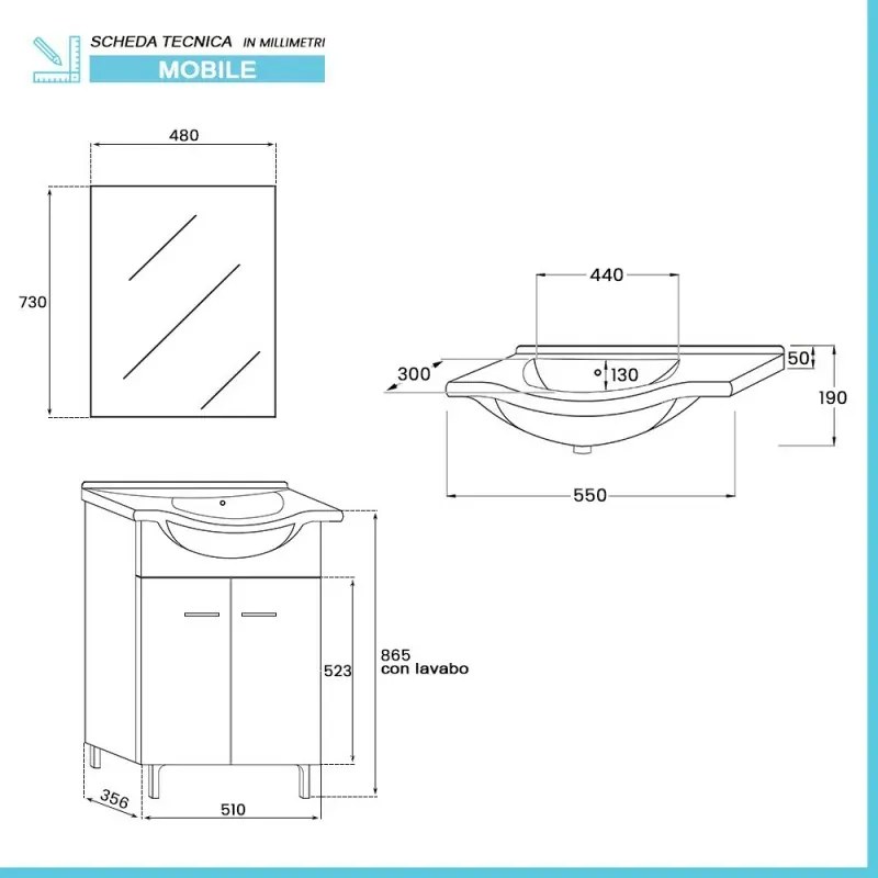 Mobile bagno a terra 55 cm Rovere Dolomite completo di lavabo e specchio Desya