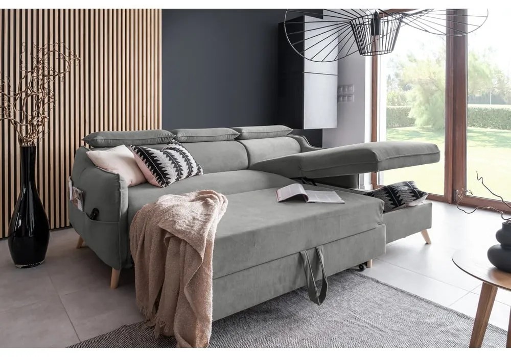 Divano letto angolare in velluto grigio chiaro (angolo destro) Sweet Harmony - Miuform