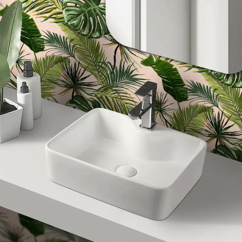 Lavabo da appoggio rettangolare 48x37 cm in ceramica bianco lucido