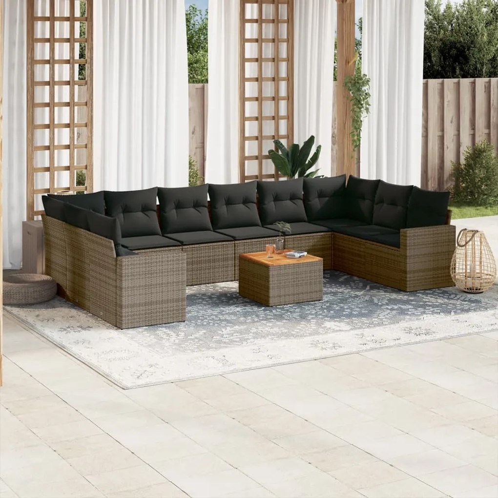 Set divani da giardino 11 pz con cuscini in polyrattan grigio