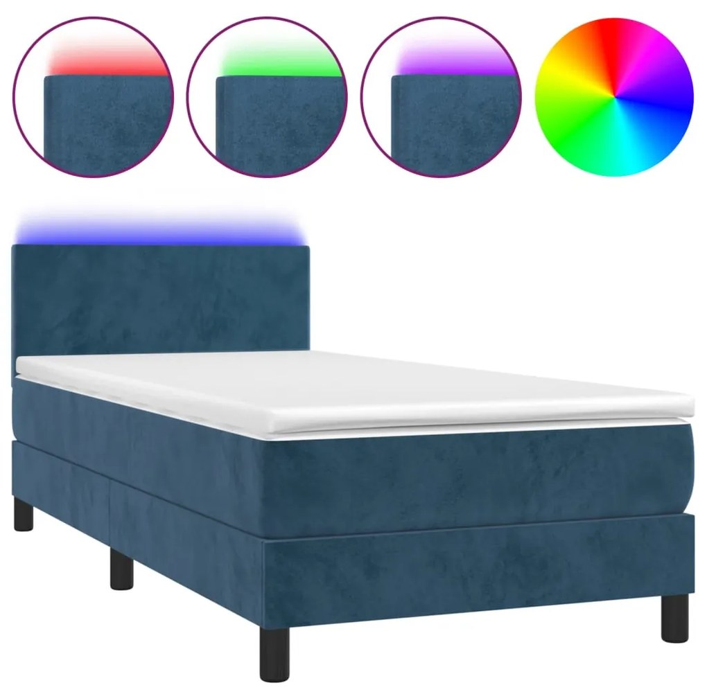 Letto a molle con materasso e led blu scuro 90x190cm in velluto