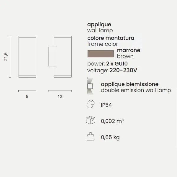 Applique per esterni 9x12 cm JUBO in alluminio Marrone con diffusore in vetro