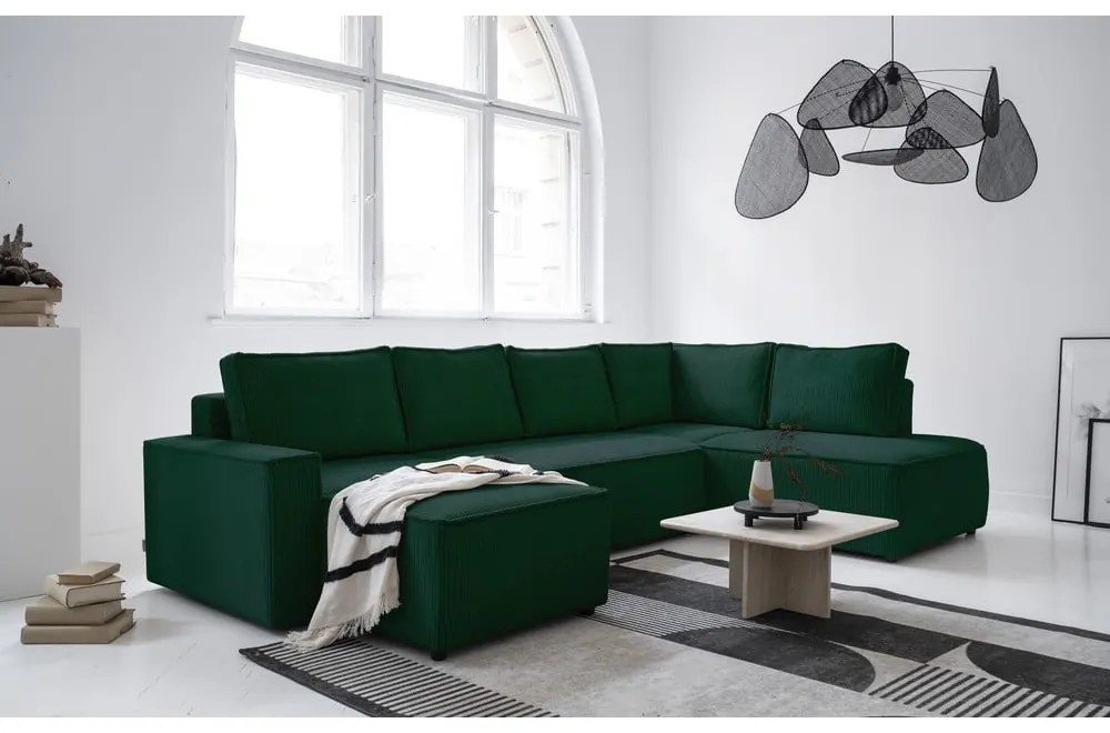 Divano letto angolare in velluto a coste verde scuro Brave Dave - Miuform