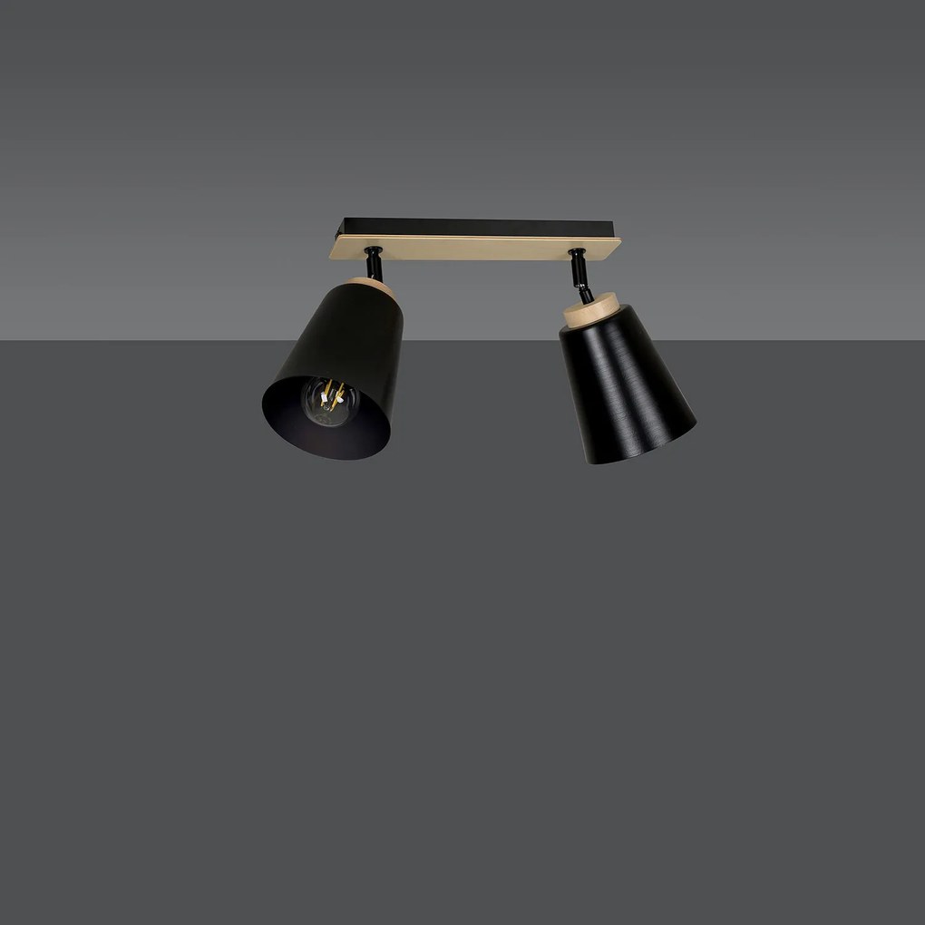 Plafoniera Faretti Spot Orientabili 2 Luci Xiwangmu Acciaio Nero E Legno Naturale