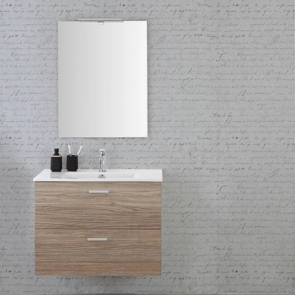 Mobile Bagno Sospeso 80 Cm Due Cassetti Specchio Con Lampada Led 62x78,5 Cm Feridras "Greta" Rovere Tropea