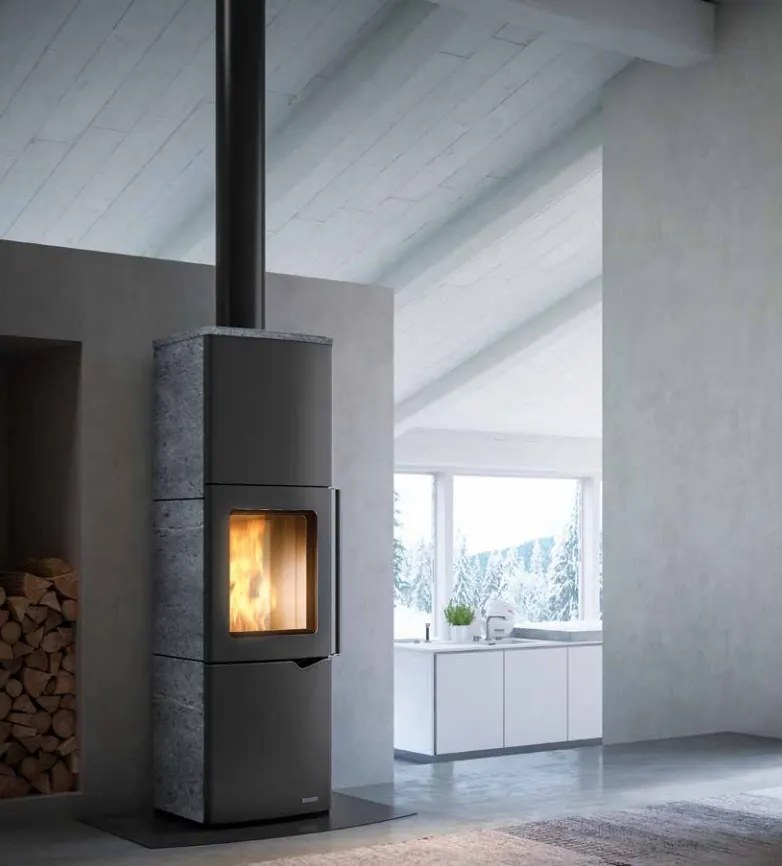 Stufa A Legna ad aria Con Accumulo 7Kw in acciaio con rivestimento in Pietra Ollare Palazzetti Eva S 805300540
