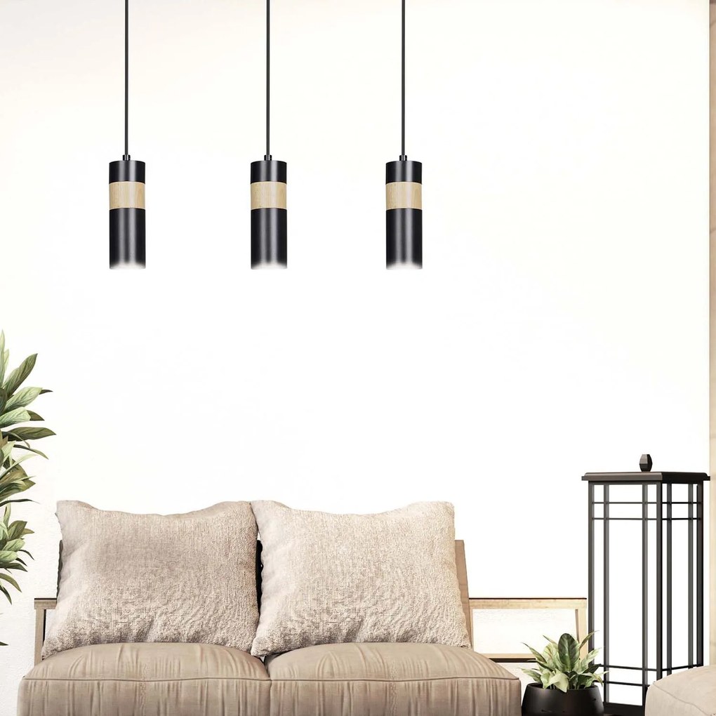 Lampadario 3 Luci Change In Acciaio Nero A Cilindro Con Legno Naturale