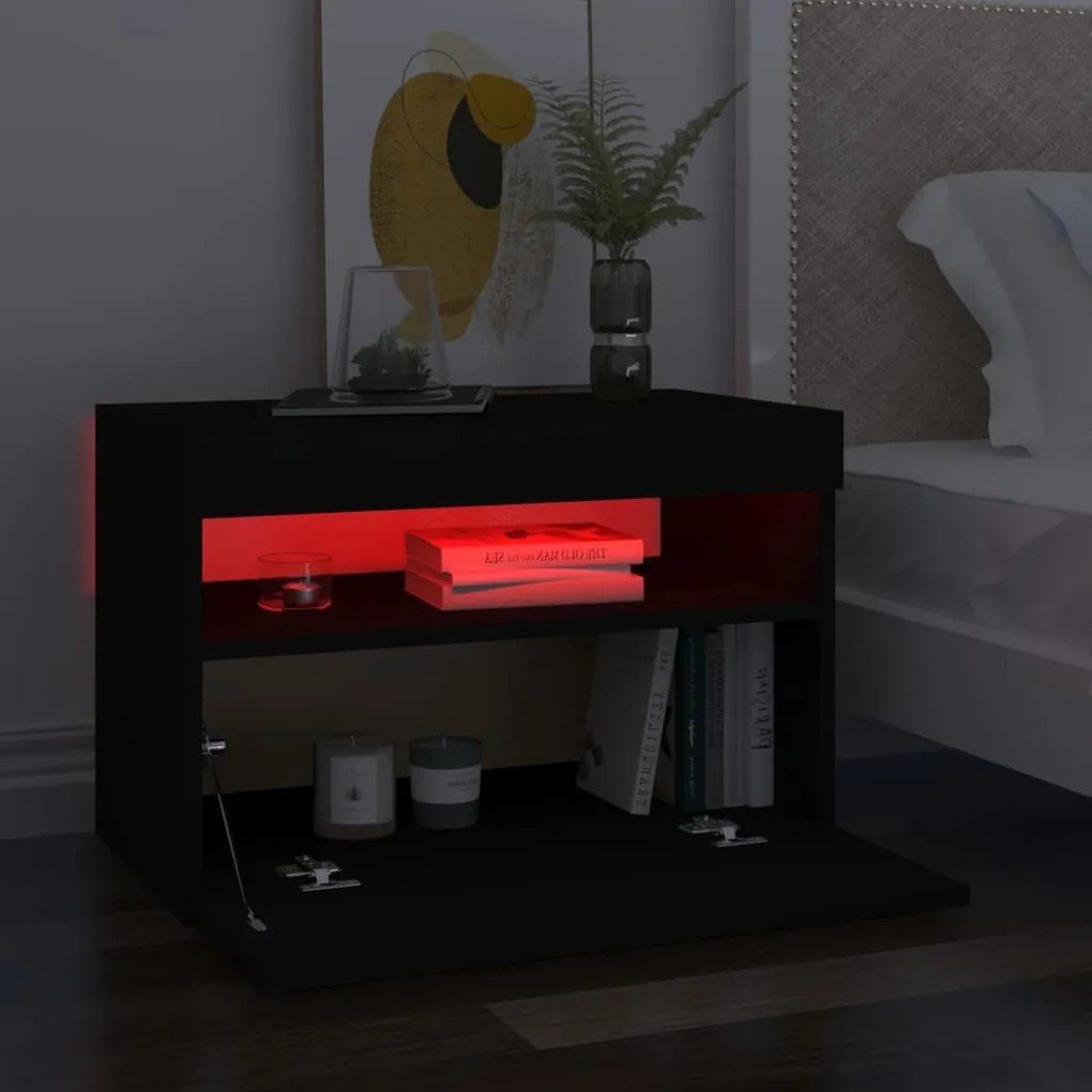 Comodino con luci led nero 60x35x40 cm in legno multistrato