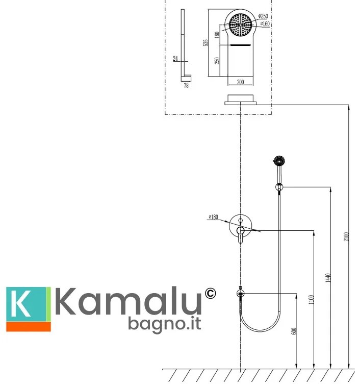 Kamalu - Set doccia a incasso con cascata, doccetta miscelatore e rubinetto | KAM-ARTE CASCATA