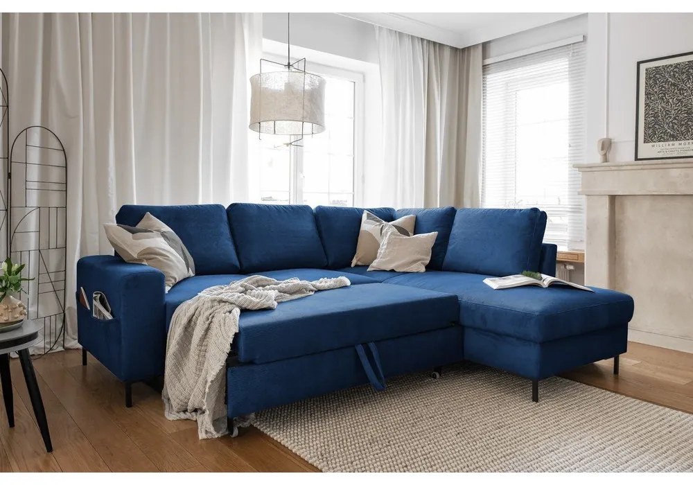 Divano letto angolare in velluto a coste blu scuro (angolo destro) Lofty Lilly - Miuform
