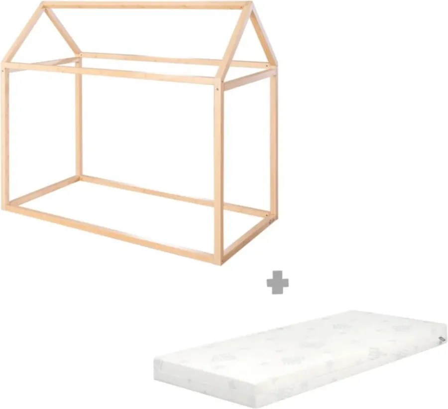 Letto da bambini a forma di casa di colore naturale in bambù con materasso incluso e rete non inclusa 70x140 cm House Bed – Roba