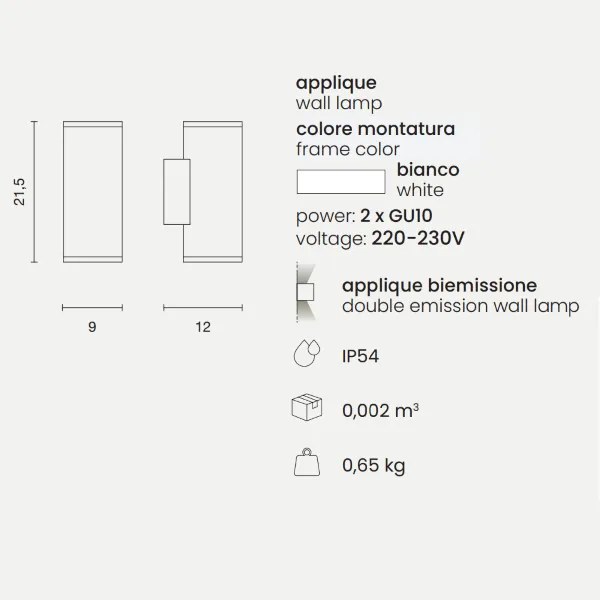 Applique per esterni 9x12 cm JUBO in alluminio Bianco con diffusore in vetro