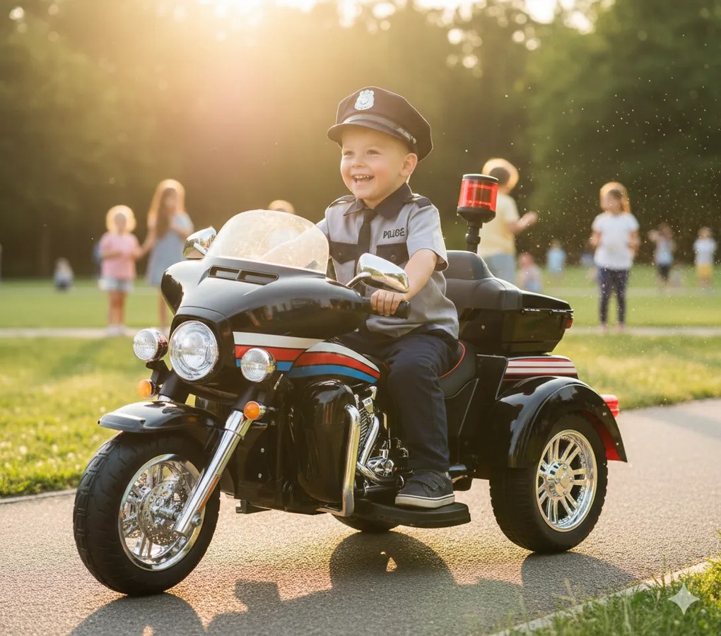 Moto Elettrica Polizia Americana 3 Ruote per Bambini 12V Kidfun Police Washington Nera...
