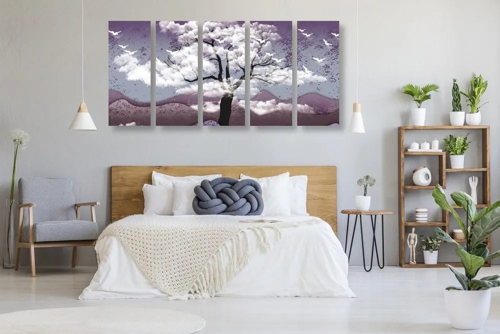 Quadri 5 pezzi – Albero inondato di nuvole