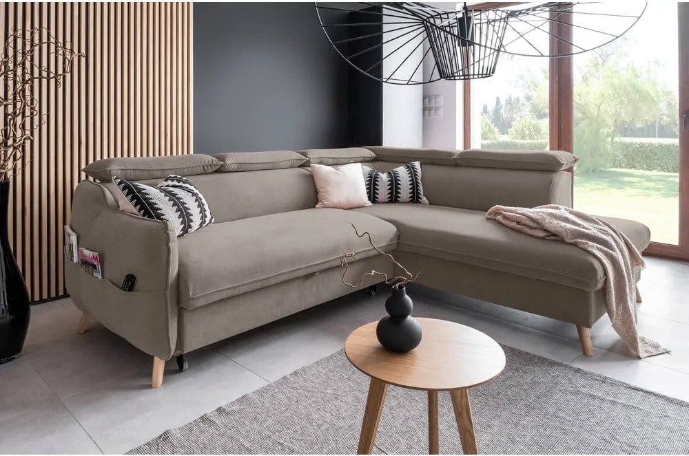 Divano letto angolare in velluto marrone chiaro (angolo destro) Sweet Harmony - Miuform