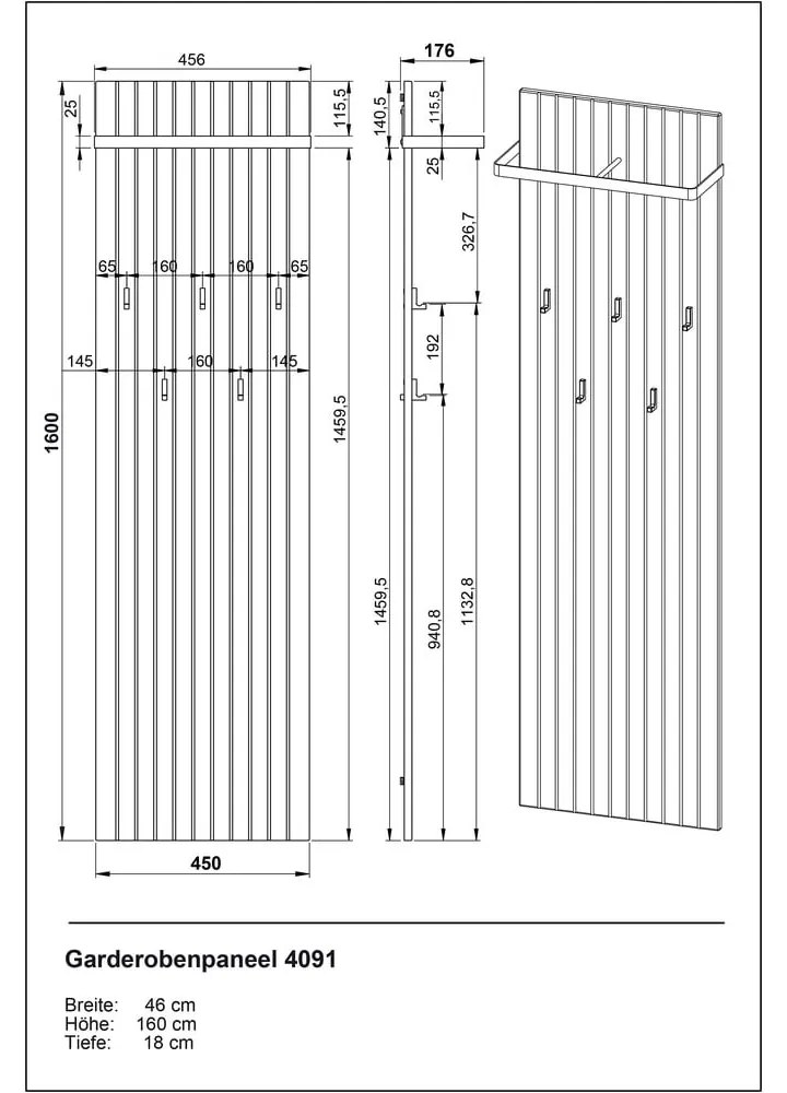 Attaccapanni da parete di colore naturale con effetto rovere 46 cm Libbiano – Germania