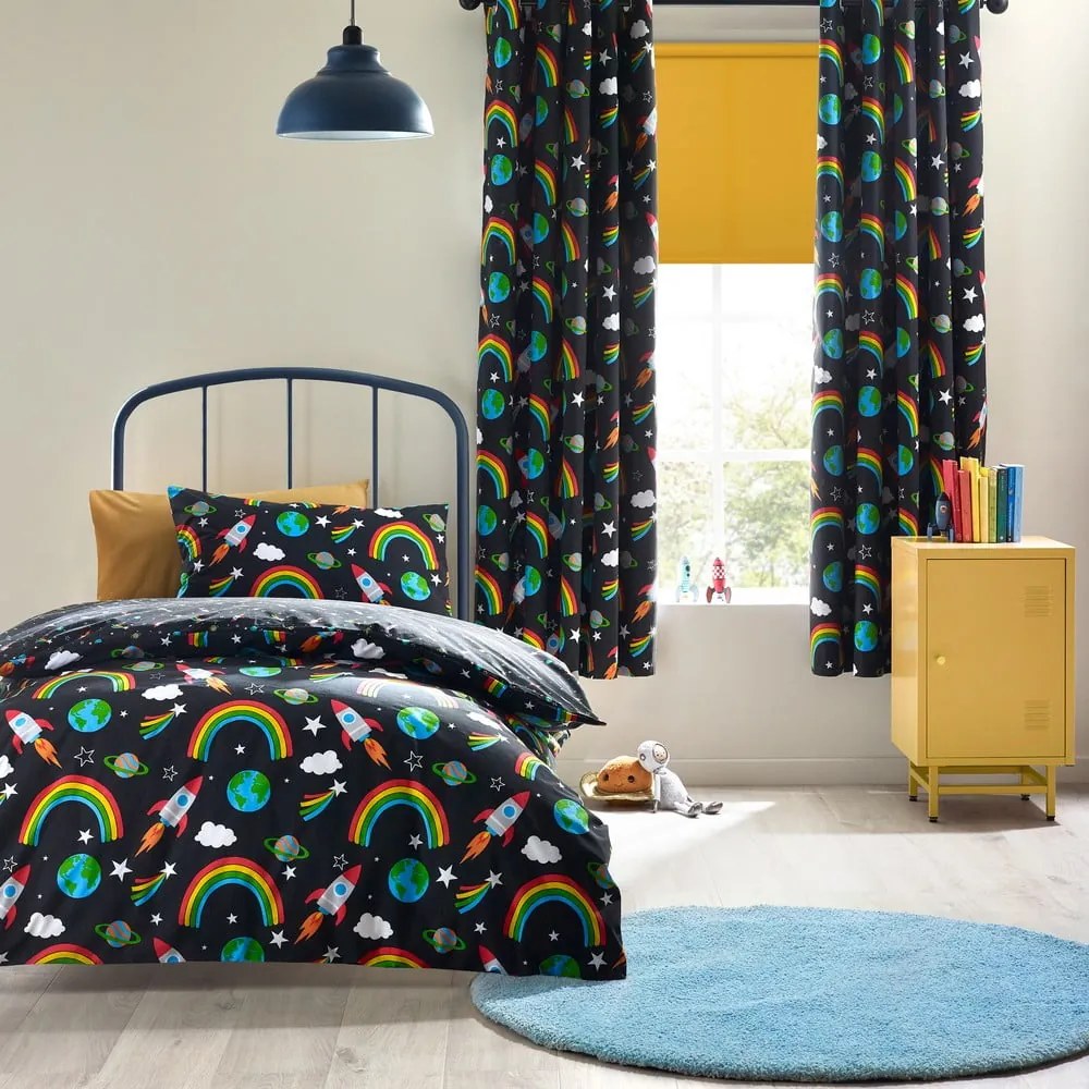 Set copripiumino e federa da bambini nero per letto singolo 135x200 cm Rainbow Rockets – Catherine Lansfield