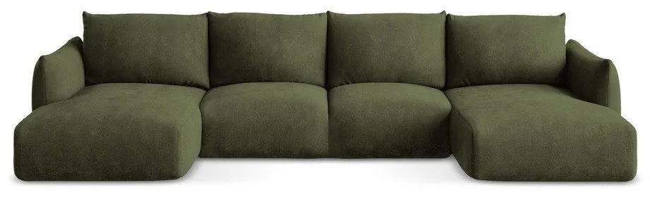 Divano angolare verde allungabile (a U) con rivestimento in ciniglia Leila – Makamii