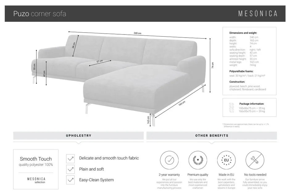 Divano angolare grigio chiaro, angolo destro Puzo - MESONICA