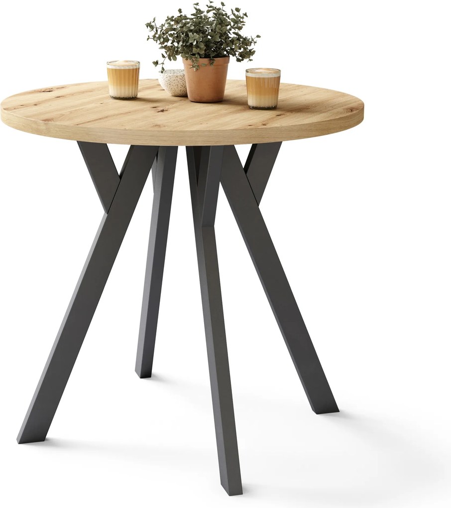 ALMO 80 Rovere Artisan/gambe nere - TAVOLO ROTONDO CON GAMBE A Y LOFT/INDUSTRIALE PER CUCINA SOGGIORNO O SALA DA PRANZO