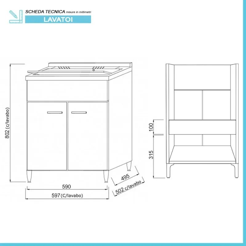 Mobile lavatoio 60x50 cm 2 ante bianco venato con vaschetta in resina