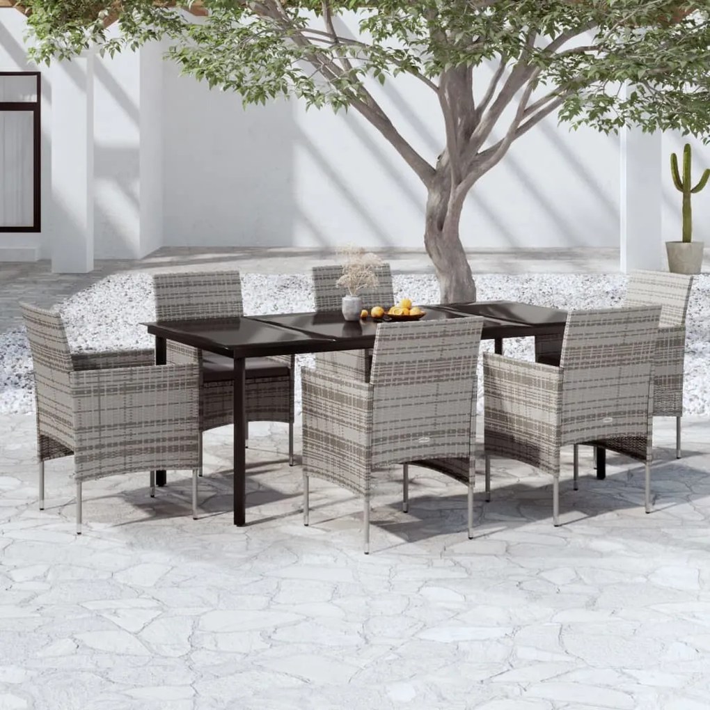 Set da pranzo da giardino 7 pz con cuscini grigio e nero