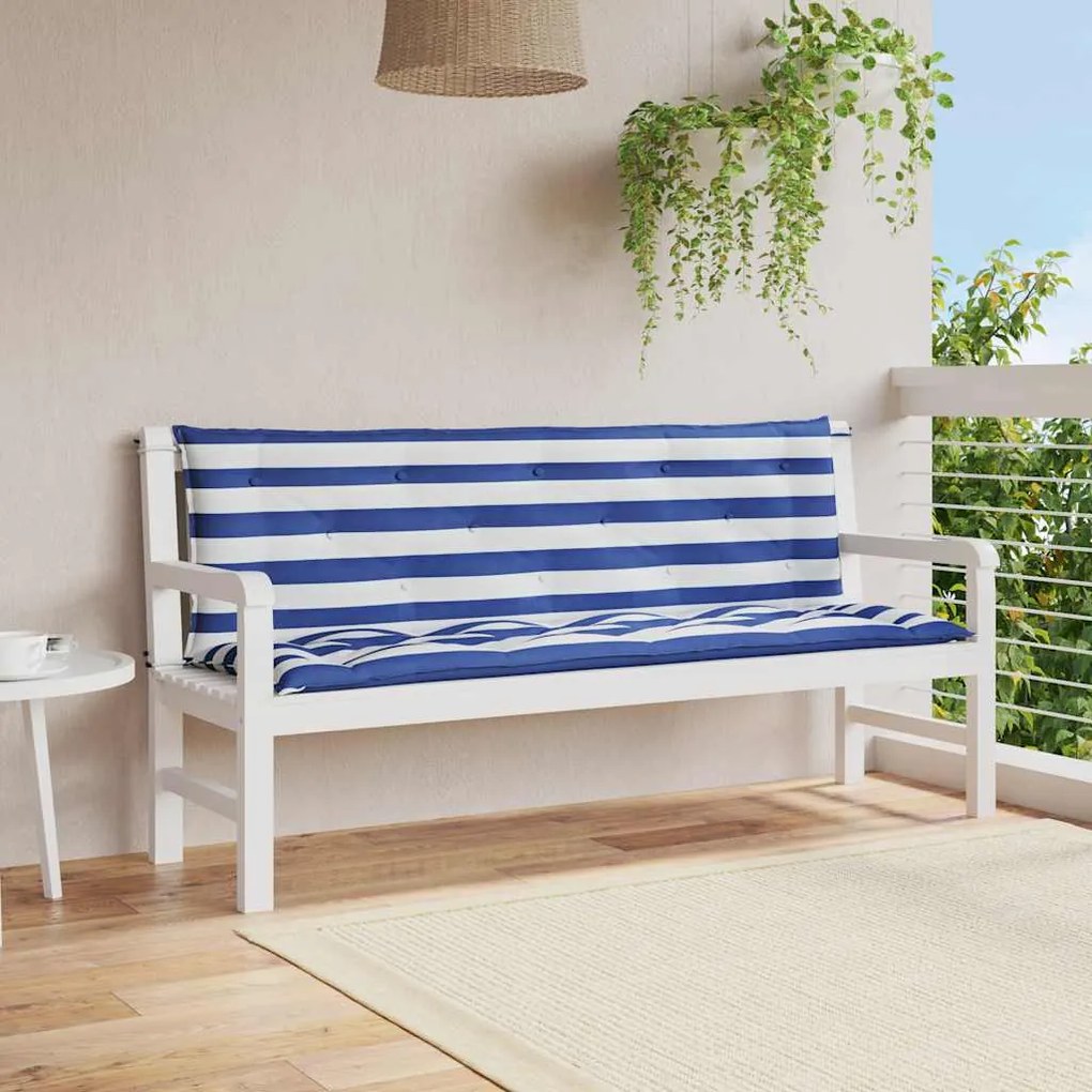 Cuscini Panca Giardino 2pz Righe Bianche Blu 150x50x7cm Tessuto /