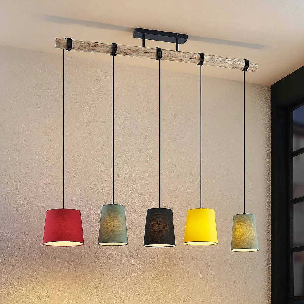 Lindby Lampada a sospensione Amilia, tessuto, a 5 luci, rosso/grigio/giallo, E27