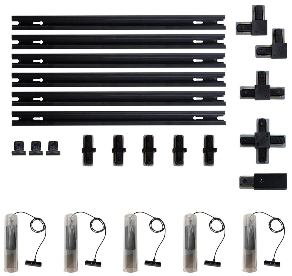 Sistema di illuminazione su binario moderno con 5 faretti a sospensione neri monofase - Iconic Lloyd