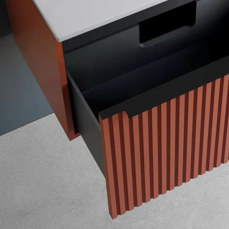 Mobile bagno sospeso 100 cm color terracotta cannettato con cassetto, specchio e lavabo Nara
