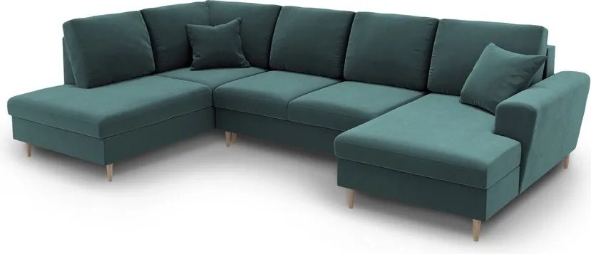 Divano angolare color petrolio allungabile e con contenitore (con penisola a sinistra/a U) con rivestimento in velluto Kyoto – Cosmopolitan Design