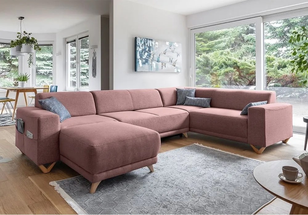 Divano angolare rosa allungabile e con contenitore (penisola a destra/a U) Classy Sophie – Miuform